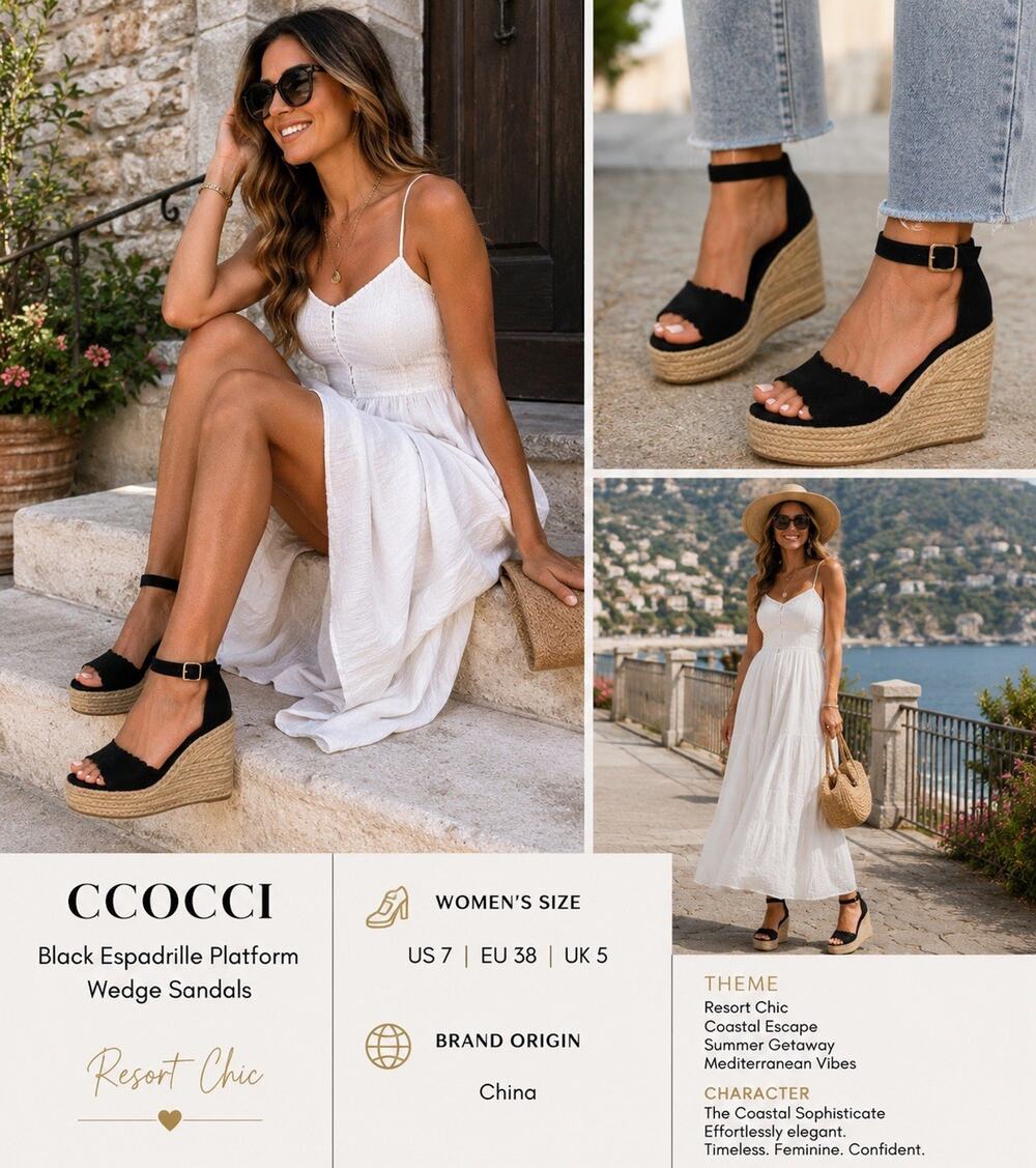 Ccocci Black Faux Suede Espadrille Platform Wedge Sandals women’s 7 Sandals EUC